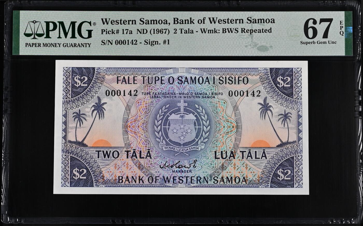 《外钞收藏家》第五百八十六期（品种丰富、精品多）（本平台长期征集拍品、欢迎藏友们联系合作） 1967年西萨摩亚2塔拉 PMG67 百位号142号