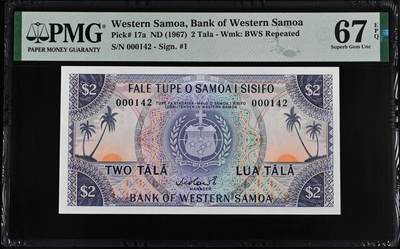 《外钞收藏家》第五百八十六期（品种丰富、精品多）（本平台长期征集拍品、欢迎藏友们联系合作） - 1967年西萨摩亚2塔拉 PMG67 百位号142号