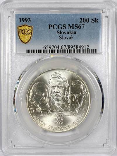 【雨安】【世界币章116期-评级币专场】2025-11-22 周六 19:30 保真【直播拍卖】 - [评级现代] Slovakia 斯洛伐克 200克朗 1993年  PCGS-MS67