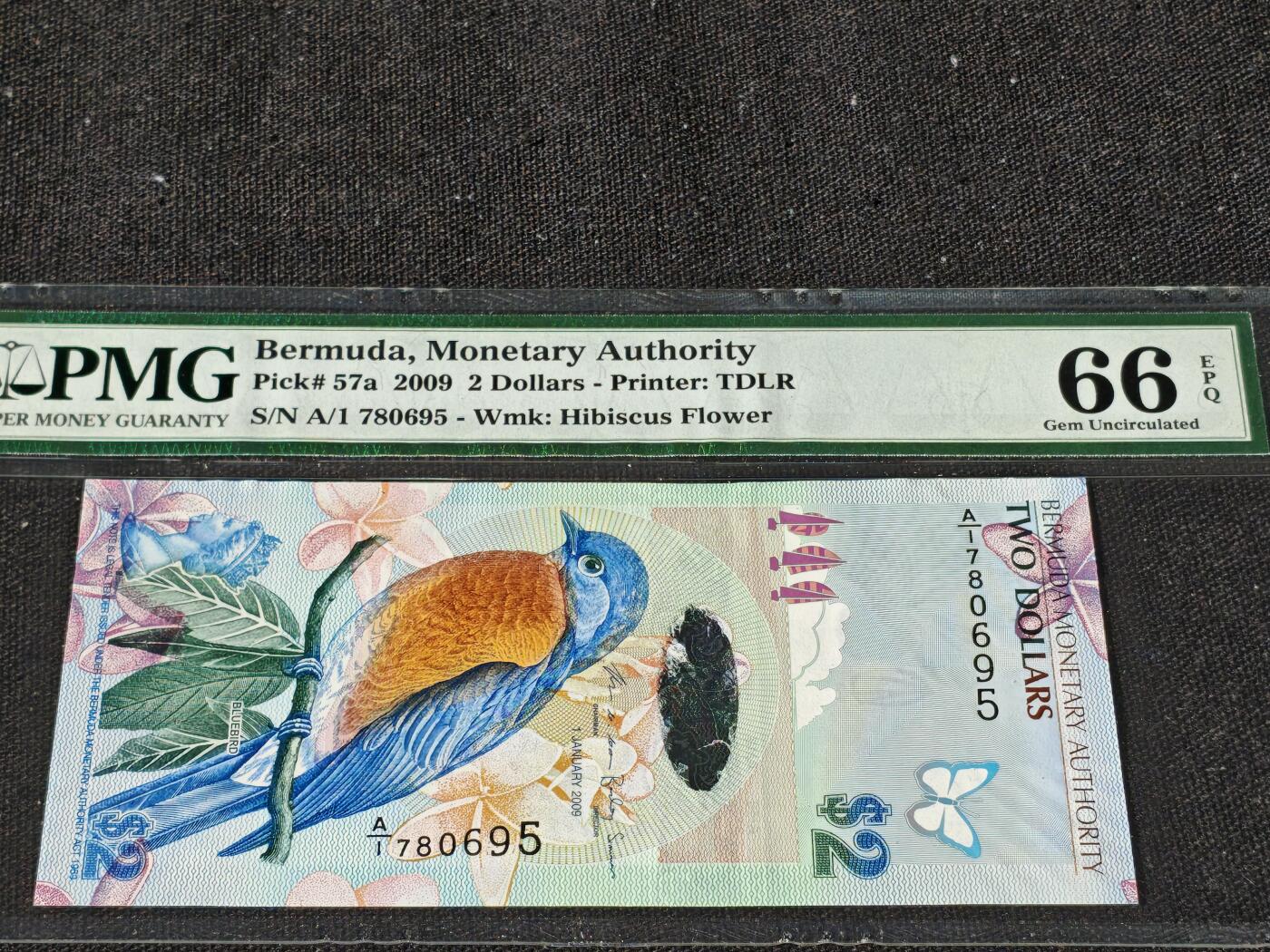 刘世昌艺术品销售中心～虎踞龙蟠*金杨在线联拍群第510期 百慕大2009年2元（PMG 66E 号码：A/1 780695）1枚。此币荣获当年IBNS世界纸币大奖赛“最佳纸币”大奖。