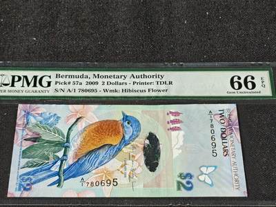 刘世昌艺术品销售中心～虎踞龙蟠*金杨在线联拍群第510期 - 百慕大2009年2元（PMG 66E 号码：A/1 780695）1枚。此币荣获当年IBNS世界纸币大奖赛“最佳纸币”大奖。
