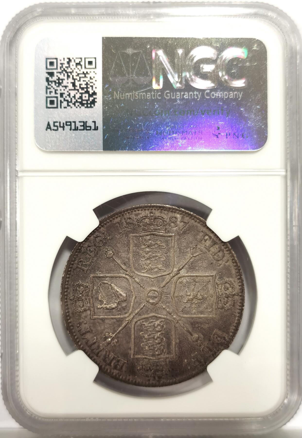 博洋堂世界钱币拍卖第147期（全场包邮） NGC MS63 英国1887双弗洛林银币，经典英伦青灰包浆，背面浓郁黑包浆，像这样深色包浆且63的高分非常少见