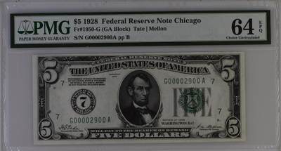 【礼羽收藏】🌏世界钱币拍卖第112期 - 1928年 5美元 稀少数字分区7 数三029 五个0 号码无3457 PMG老壳64EPQ