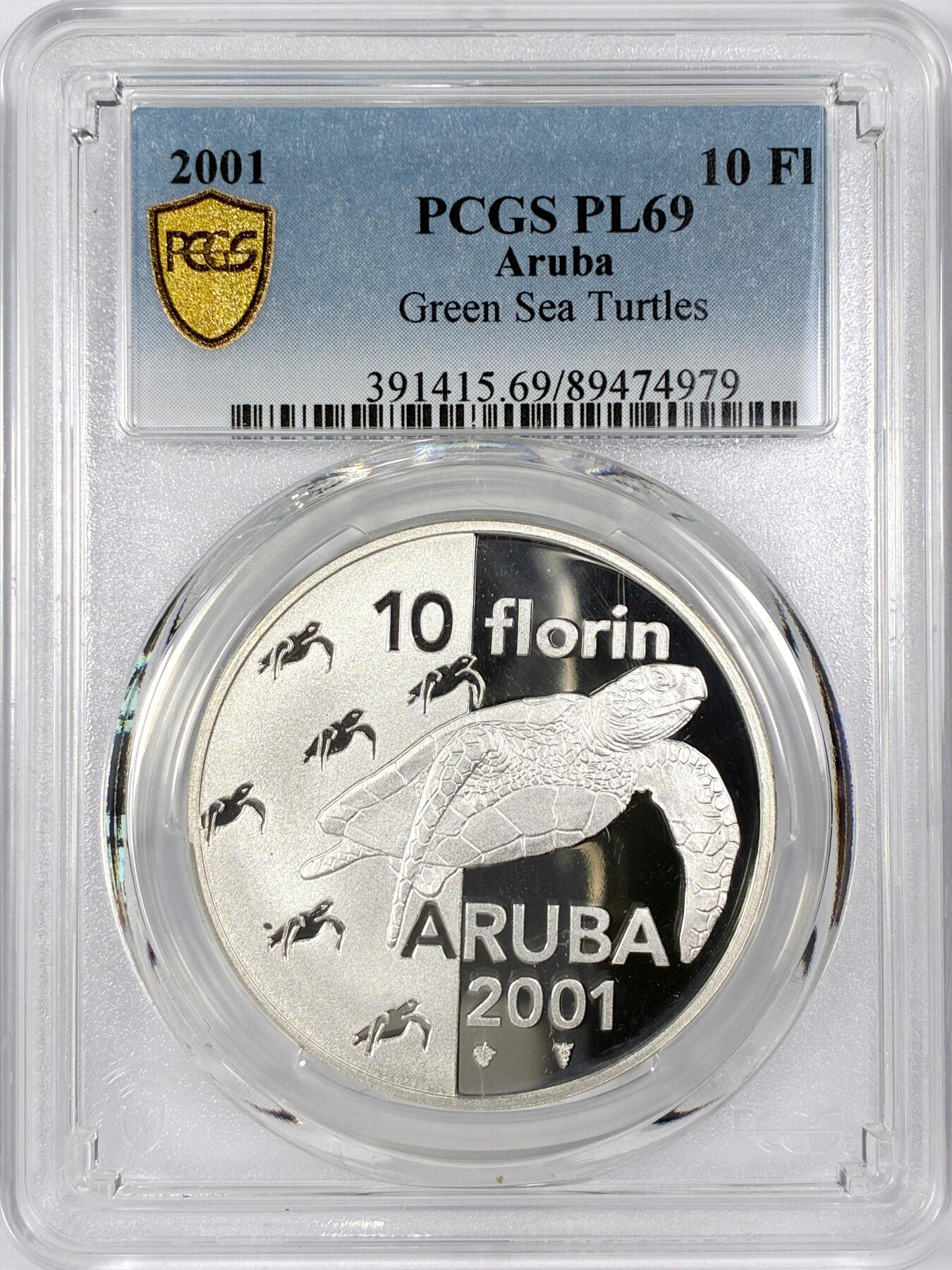 【雨安】【世界币章116期-评级币专场】2025-11-22 周六 19:30 保真【直播拍卖】 [评级现代] Aruba 阿鲁巴 10弗洛林 2001年 绿海龟 PCGS-PL69