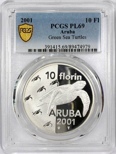 【雨安】【直播拍卖】【世界币章116期-评级币】2025-11-22 周六 19:30 保真 - [评级现代] Aruba 阿鲁巴 10弗洛林 2001年 绿海龟 PCGS-PL69