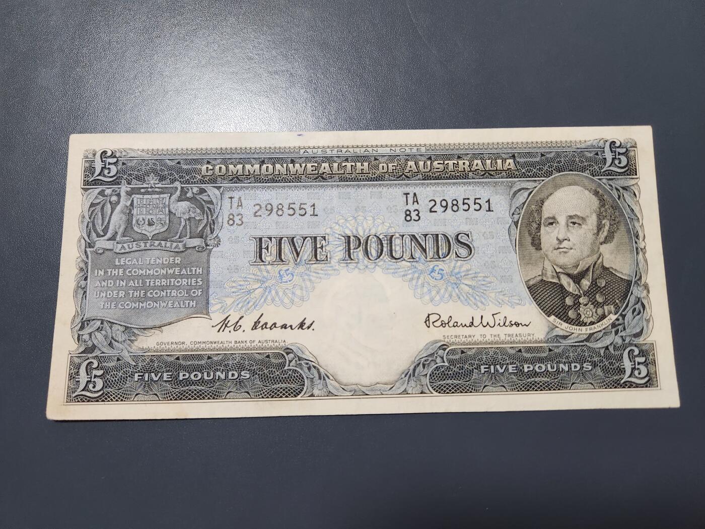 11月19号晚上8点 外国纸币自动截拍第61场 澳大利亚联邦 1954年版 5镑 (探险家 富兰克林) 美品稀少