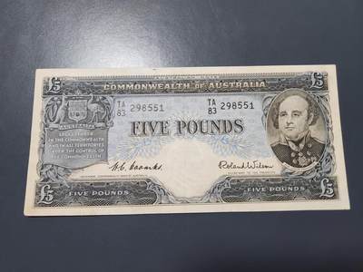 11月19号晚上8点 外国纸币自动截拍第61场 - 澳大利亚联邦 1954年版 5镑 (探险家 富兰克林) 美品稀少