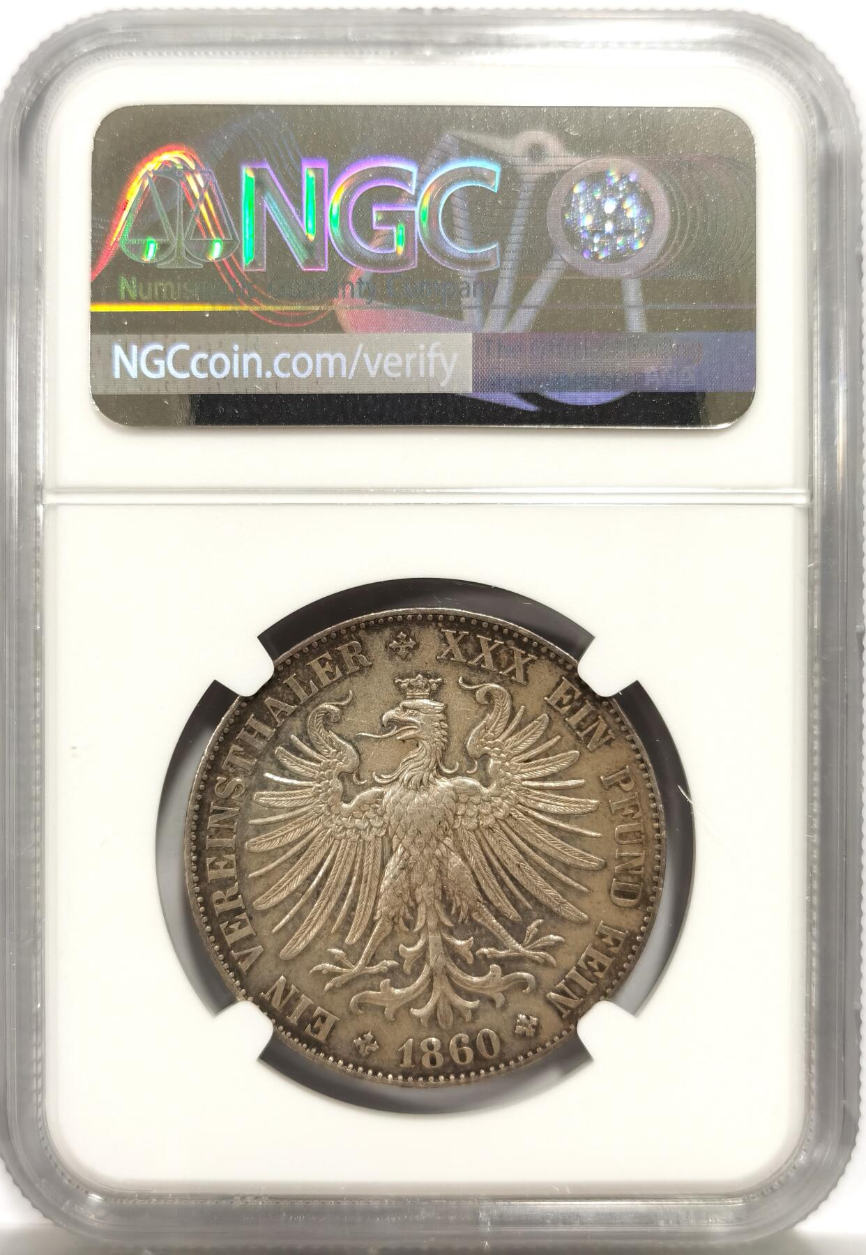 博洋堂世界钱币拍卖第147期（全场包邮） NGC AU 德国法兰克福1860年少女1泰勒银币