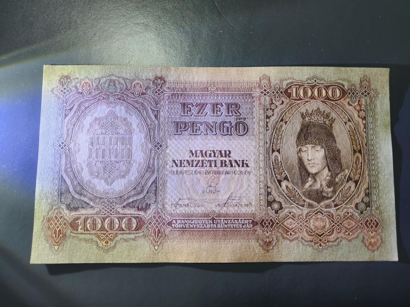 11月21号晚上8点 外国纸币自动截拍第61场 1943年 匈牙利 1000盘果 布达佩斯多瑙河景 纸币 新品原票