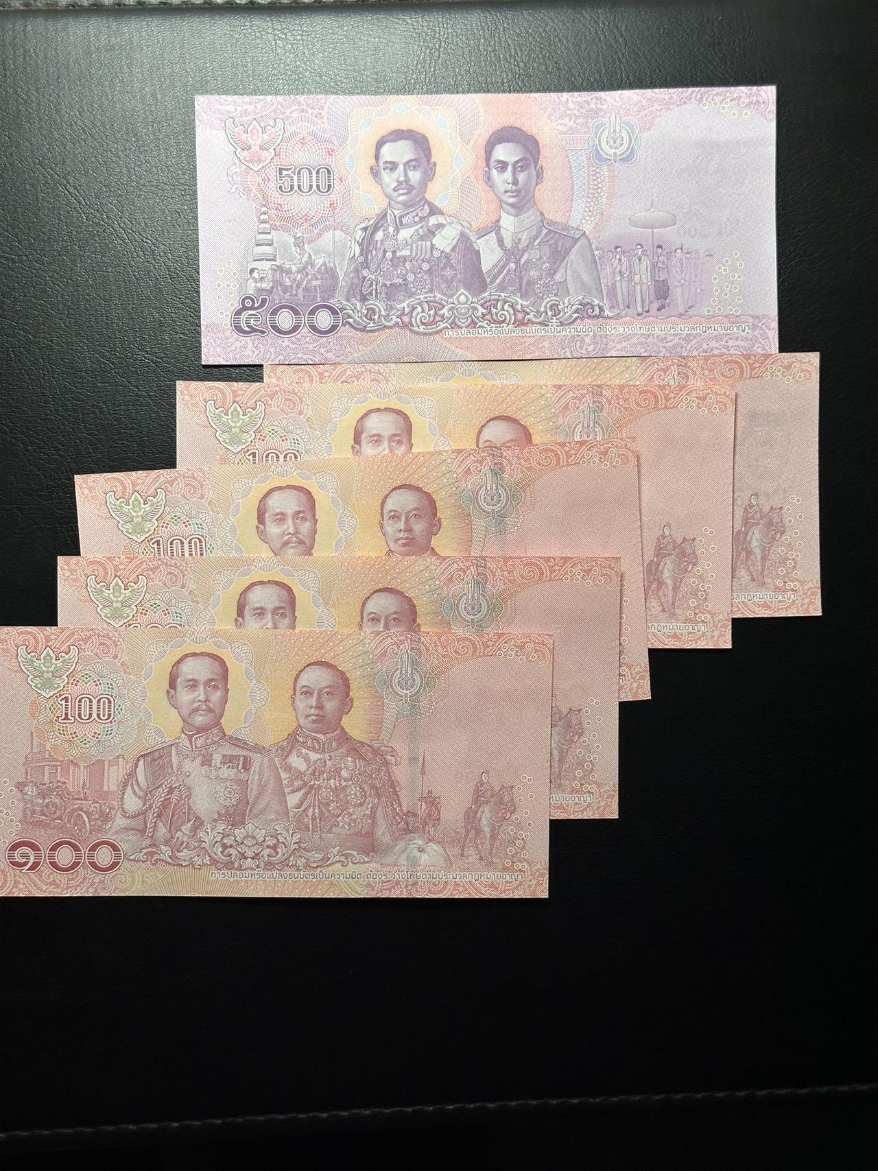 九十场（大更新） 泰国最新版本100，5连号，500，共6张，品相unc-。荧光漂亮！