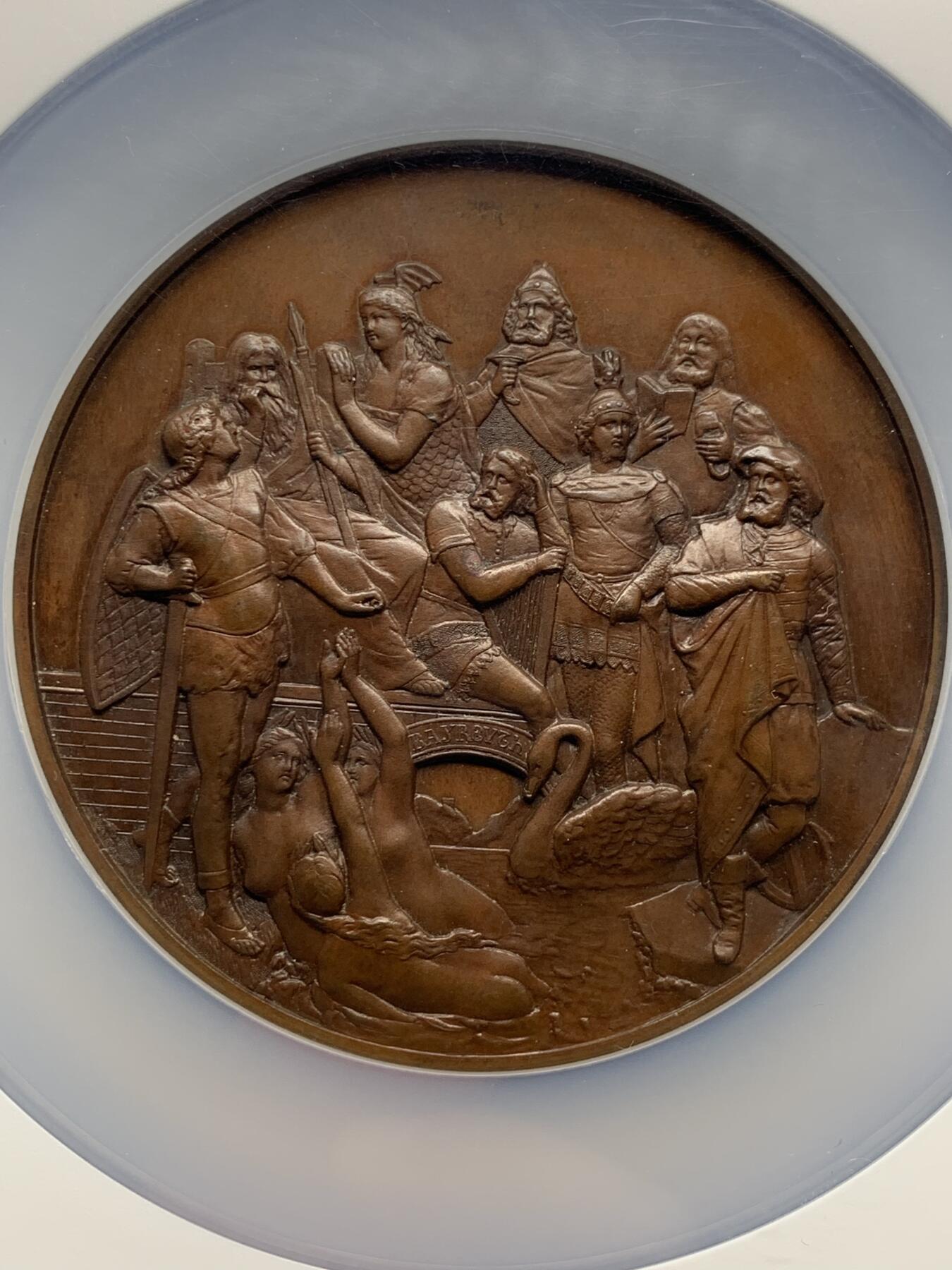 《竞宝斋》第440场 周日，周一，周二 3场连拍 （全场包邮） NGC MS63BN 德国瓦格纳纪念铜章，一群来自他作品中的人物聚集在一座刻有“拜罗伊特”字样的桥上，直径71mm