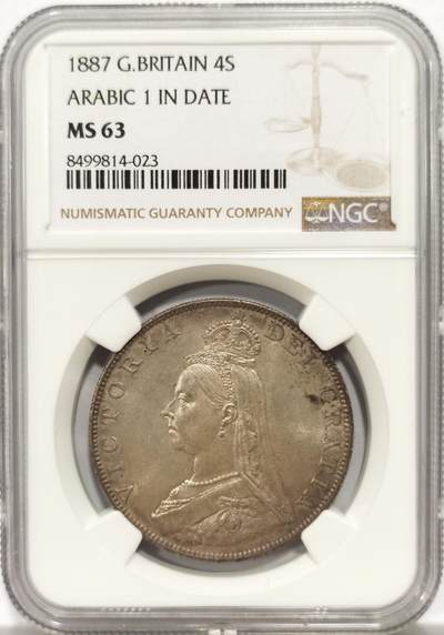 博洋堂世界钱币拍卖第147期（全场包邮） - NGC MS63 英国1887双弗洛林银币，经典英伦青灰包浆，背面浓郁黑包浆，像这样深色包浆且63的高分非常少见