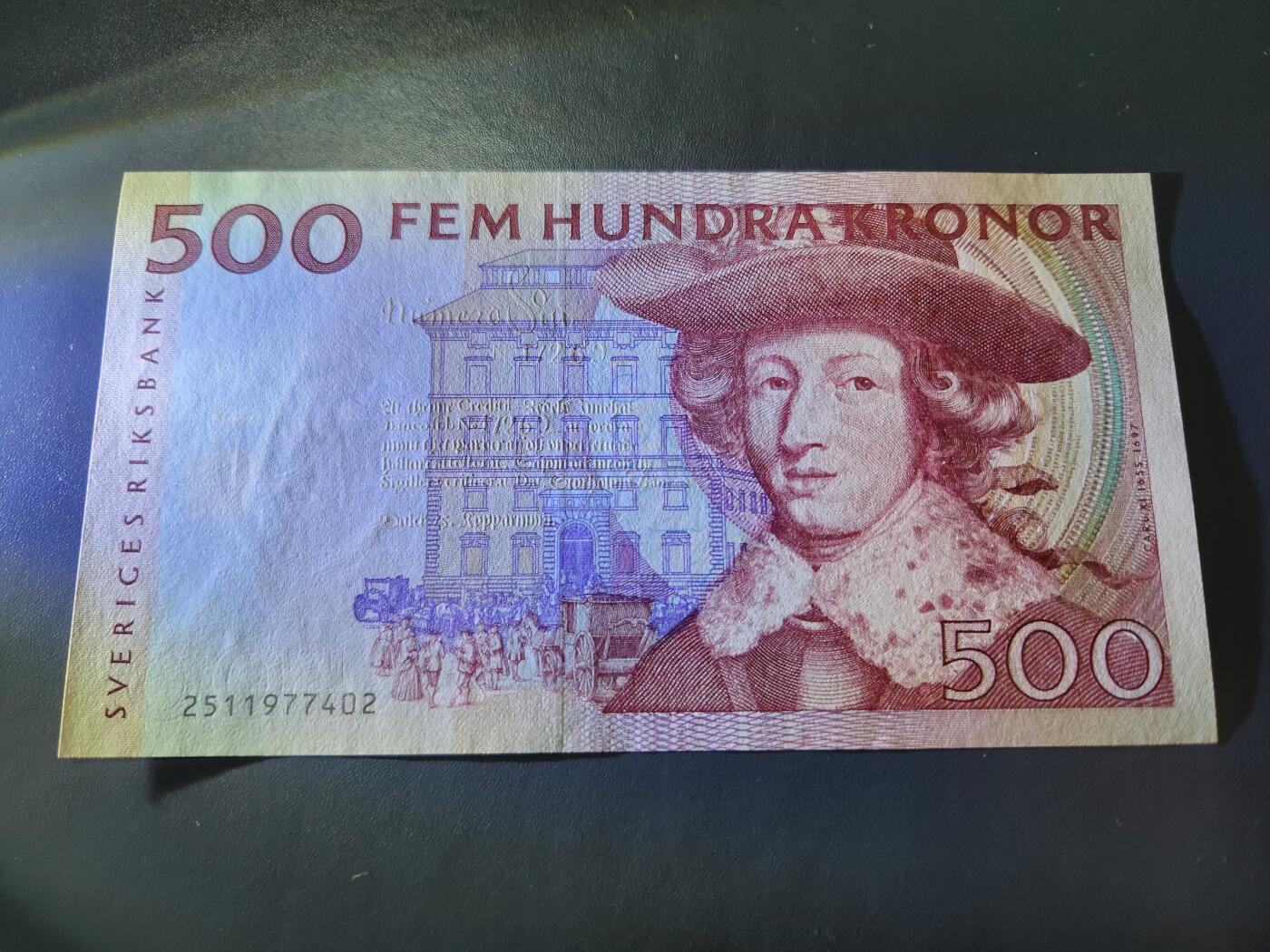 11月21号晚上8点 外国纸币自动截拍第61场 瑞典纸币 1992年 500克朗 卡尔 几乎全新