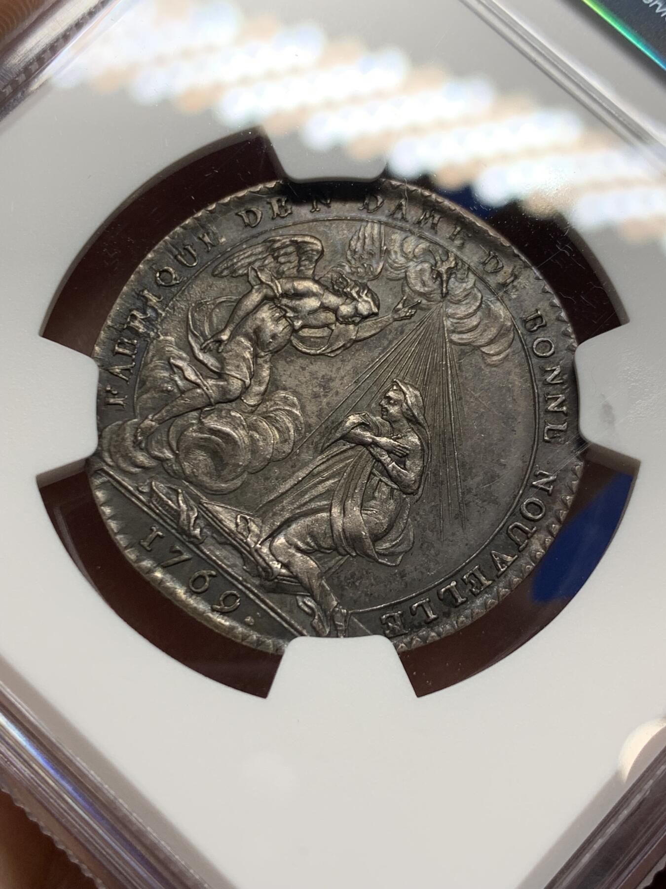 《竞宝斋》第440场 周日，周一，周二 3场连拍 （全场包邮） NGC MS62 法国1769年宗教神职人员大会银质代币