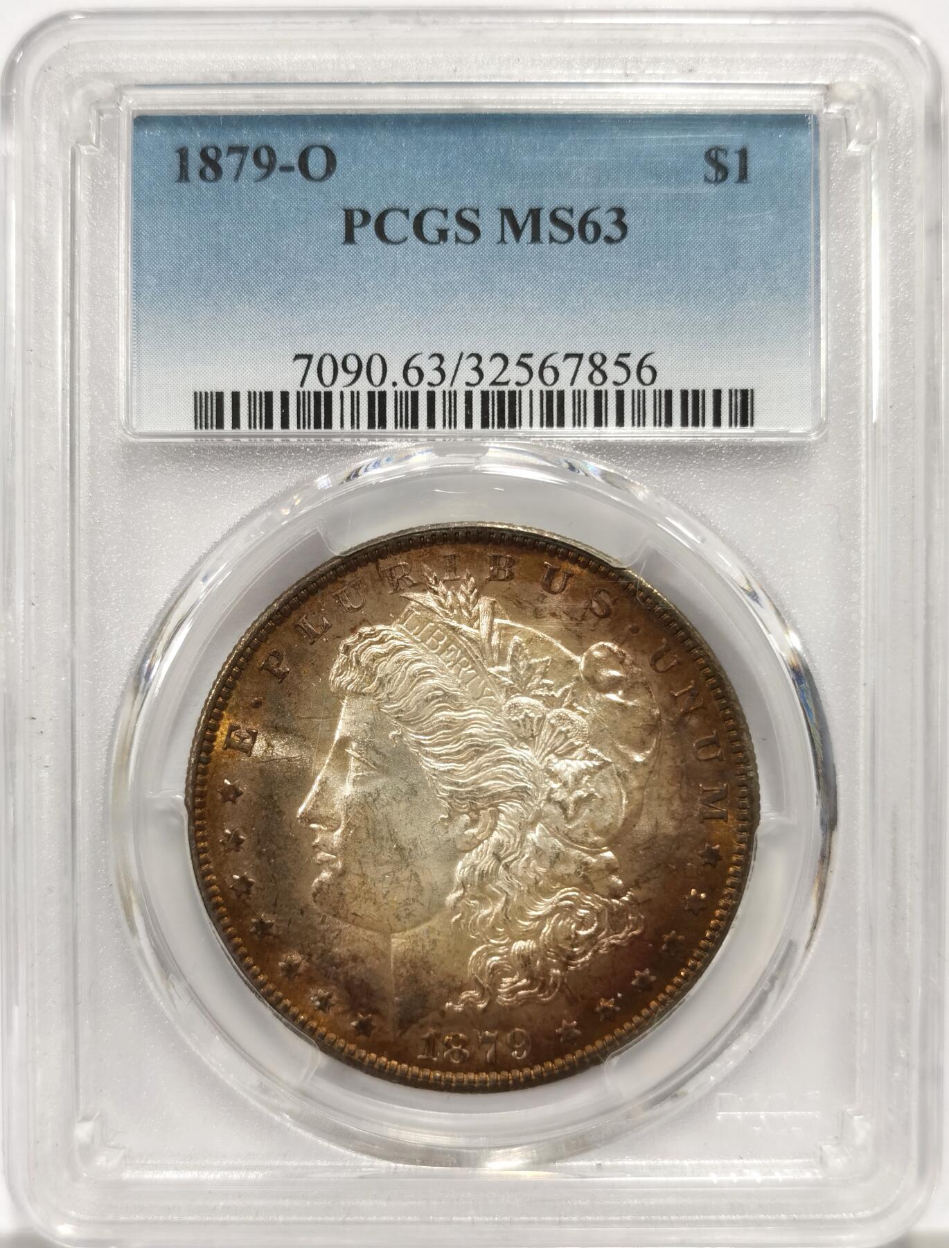 博洋堂藏家专场系列之美国钱币白金之夜专场暨第148期（全场包邮） PCGS MS63 美国1879 O 摩根 在结束了自1861年内战长达18年的闭厂 此为新奥尔良铸币厂的首年摩根 早期新奥尔良厂常见弱打 但此枚铸打深俊 双面环状黄赤色包浆 极具吸引力 麦稀奇首见品种 收藏佳品 背面卡槽有一小缺