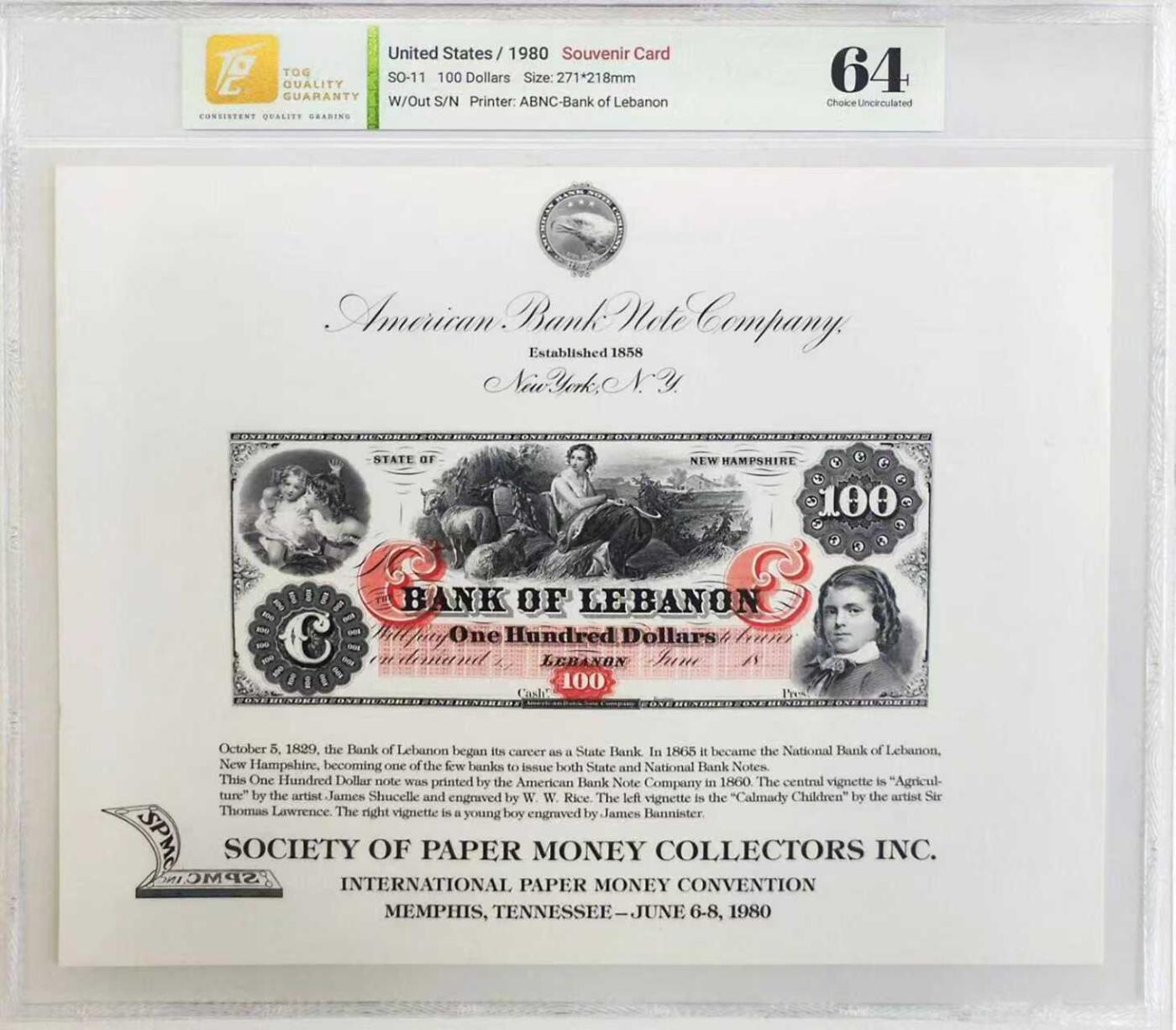 《外钞收藏家》第五百八十六期（品种丰富、精品多）（本平台长期征集拍品、欢迎藏友们联系合作） 1980年 美国钞票公司（ABNC）印制 100美元 雕刻版票样纪念卡 原版纸币1860年间由美国新罕布什尔州莱巴嫩银行（Bank of Lebanon）发行流通 该雕刻版票样纪念卡为百年原钞母版印制（非普通平面印刷）并限量发行 背面为美钞公司总裁认证签名 乃高价原版老美钞收藏欣赏之平替