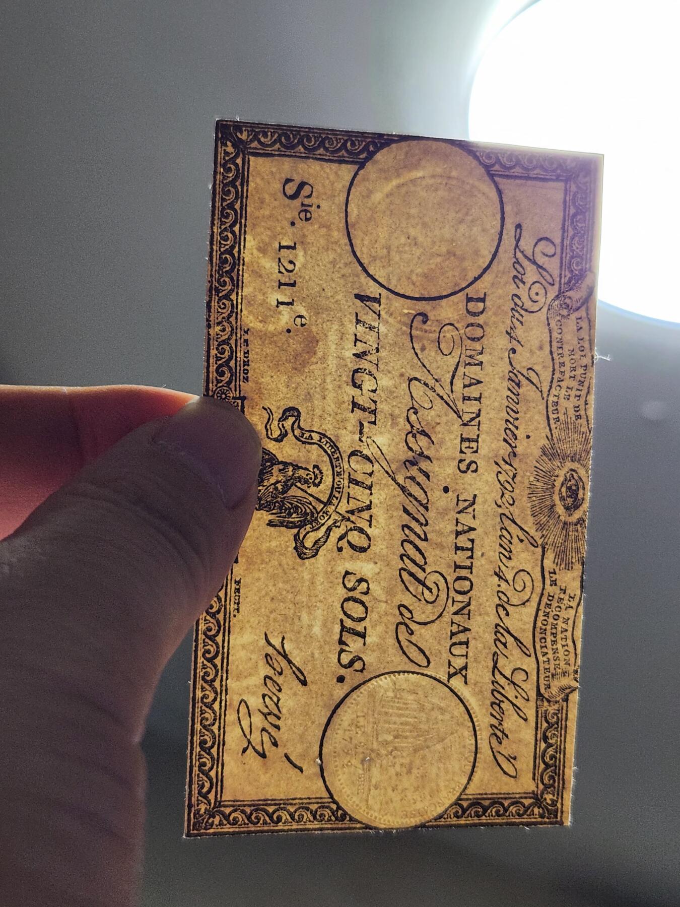 11月19号晚上8点 外国纸币自动截拍第61场 法国大革命时期 1793年 指券 (Assignat) 25苏 纸币