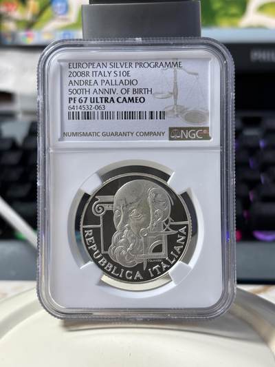第182期拍卖 - 2008年意大利10欧元精制银币 欧洲之星系列-安德烈亚·帕拉第奥（意大利建筑师）诞辰500周年 NGC PF67UC（更高评分: 5枚），925银，22克，发行1万6千枚
