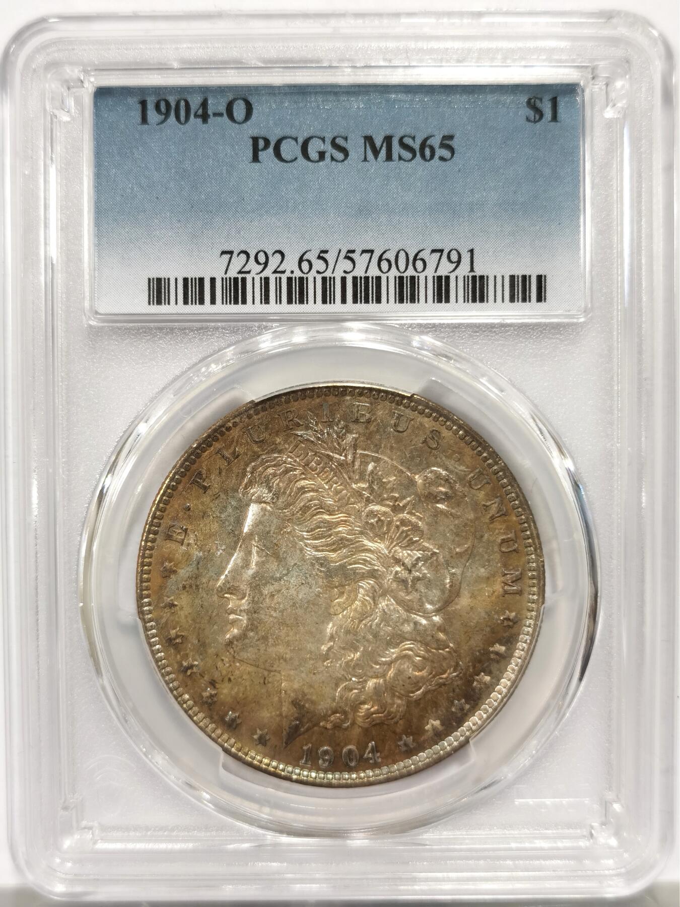 博洋堂藏家专场系列之美国钱币白金之夜专场暨第148期（全场包邮） PCGS MS65 美国1904 O 摩根 双面覆盖五彩包浆 背面卡槽有一小缺