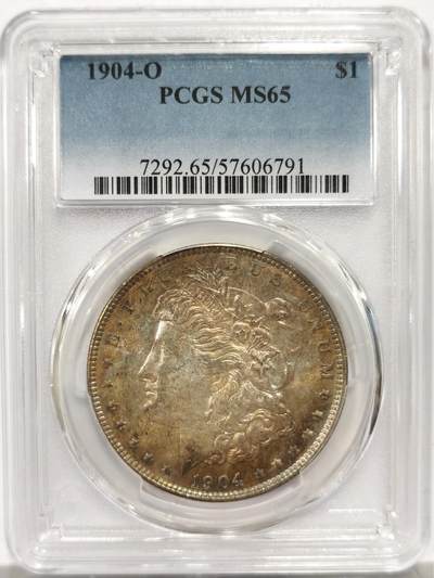 博洋堂藏家专场系列之美国钱币白金之夜专场暨第148期（全场包邮） - PCGS MS65 美国1904 O 摩根 双面覆盖五彩包浆 背面卡槽有一小缺