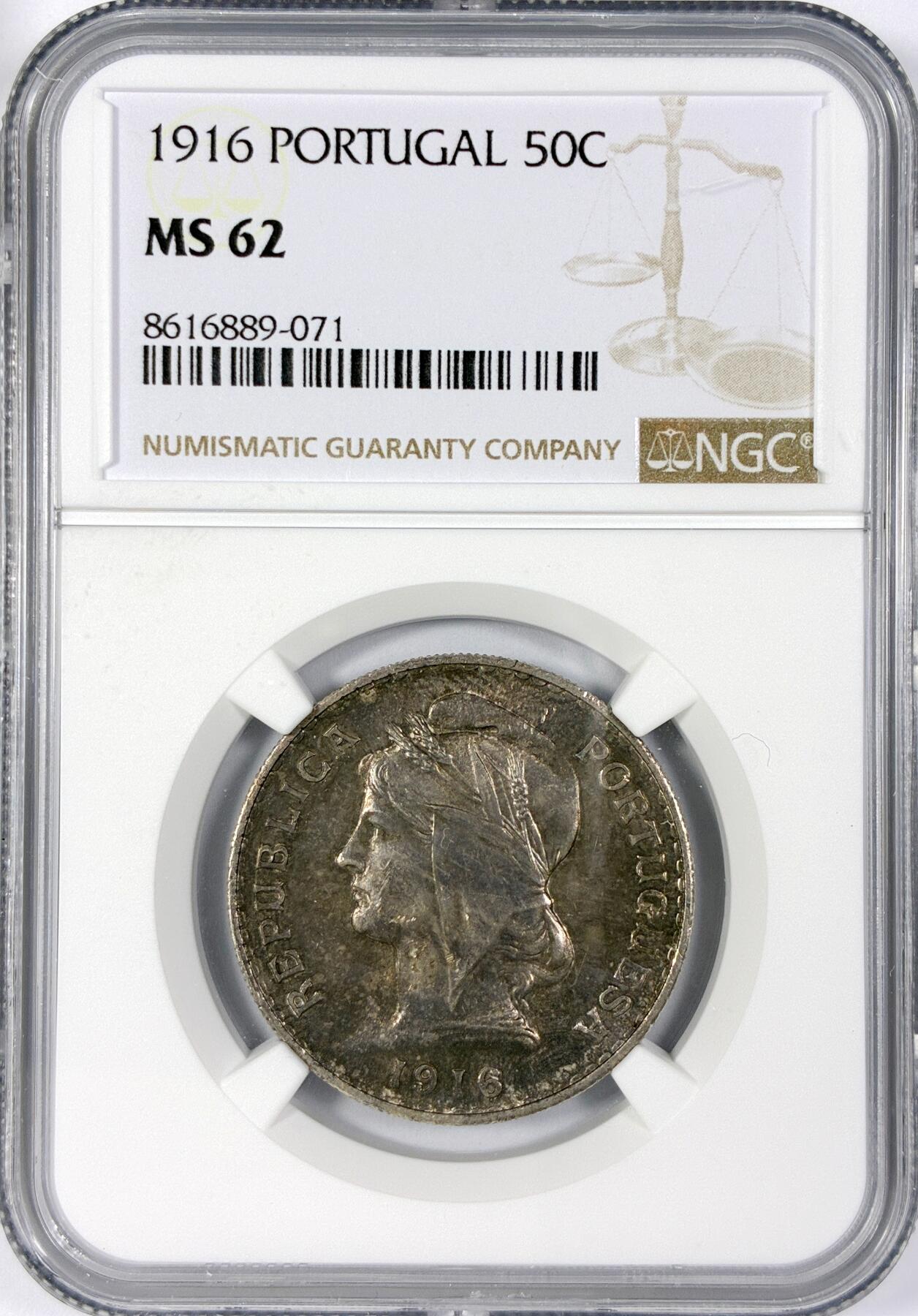 【雨安】【世界币章116期-评级币专场】2025-11-22 周六 19:30 保真【直播拍卖】 [评级欧洲] Portugal 葡萄牙 共和国 50分 1916年  NGC-MS62