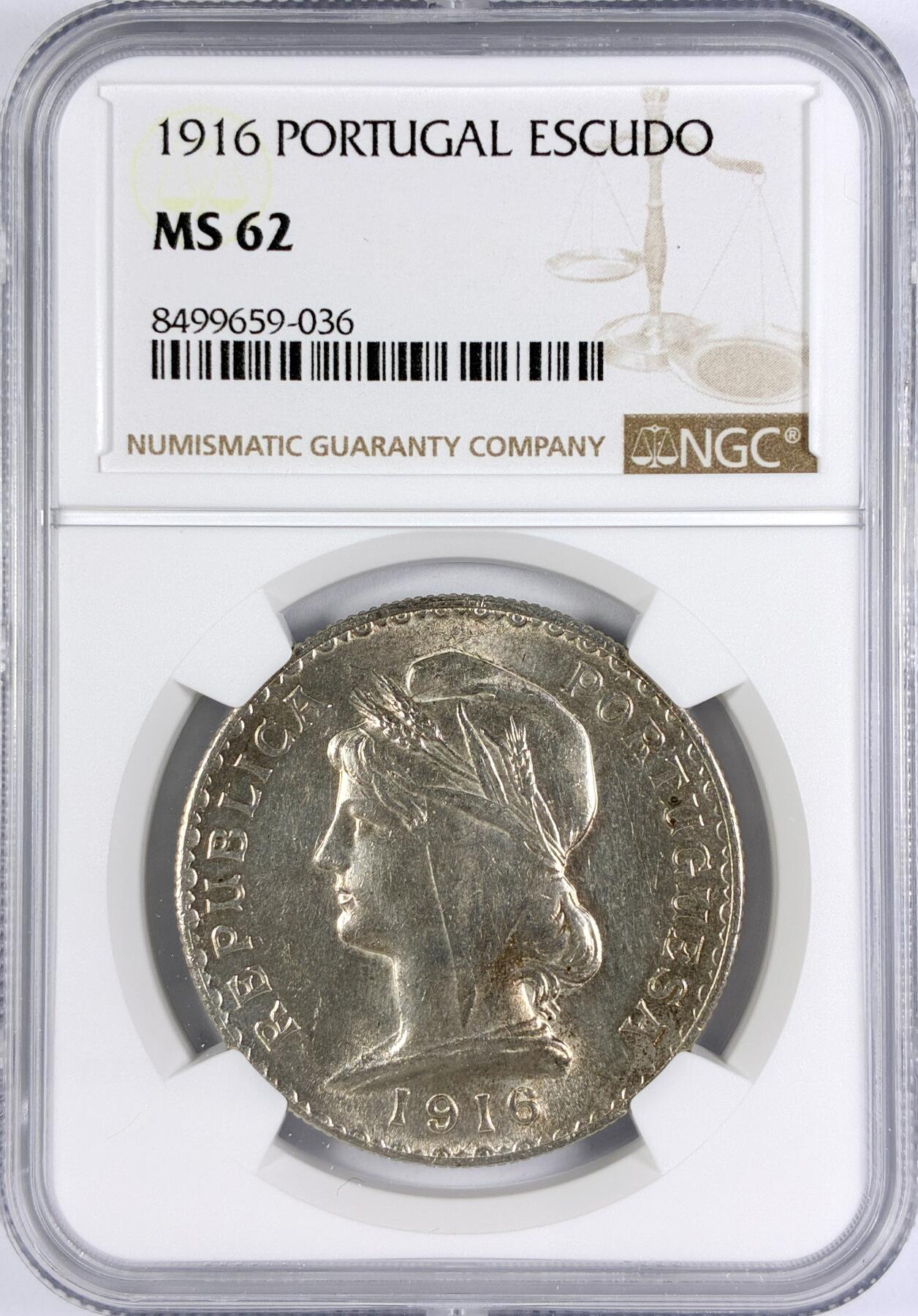 【雨安】【世界币章116期-评级币专场】2025-11-22 周六 19:30 保真【直播拍卖】 [评级欧洲] Portugal 葡萄牙 Republic 1埃斯库多 KM#0564 (1915-1916) 1916年  NGC-MS62