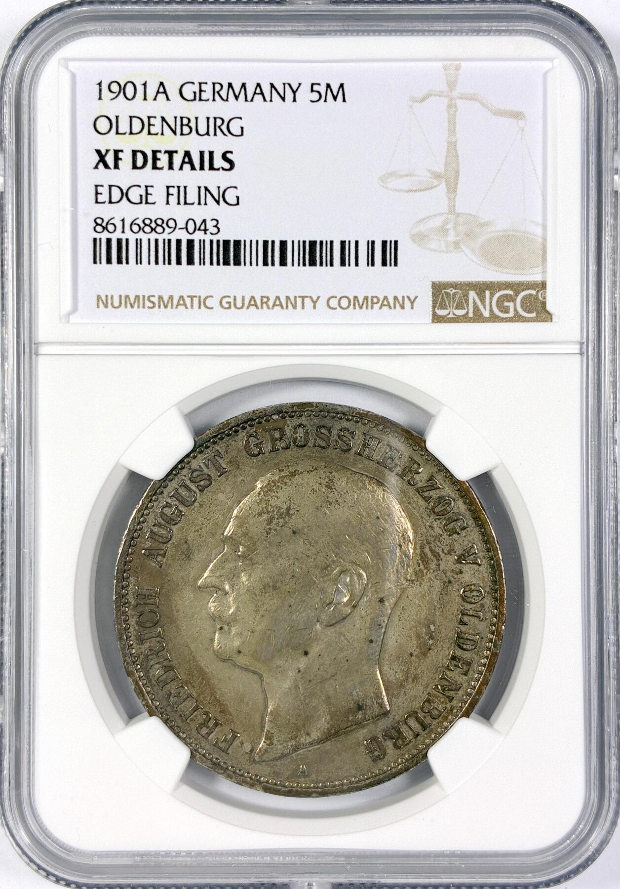 【雨安】【世界币章116期-评级币专场】2025-11-22 周六 19:30 保真【直播拍卖】 [评级德国] Germany 德国 帝国 J.095 奥尔登堡 5马克 (1900-1901) 1901年 NGC-XF 非常少见的品种