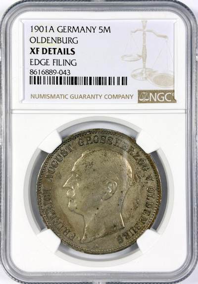 【雨安】【世界币章116期-评级币专场】2025-11-22 周六 19:30 保真【直播拍卖】 - [评级德国] Germany 德国 帝国 J.095 奥尔登堡 5马克 (1900-1901) 1901年 NGC-XF 非常少见的品种