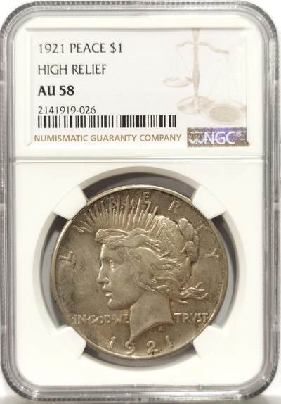 博洋堂藏家专场系列之美国钱币白金之夜专场暨第148期（全场包邮） - NGC AU58 美国1921 首年和平 高浮雕 打制精美 双面老包浆 底板完美
