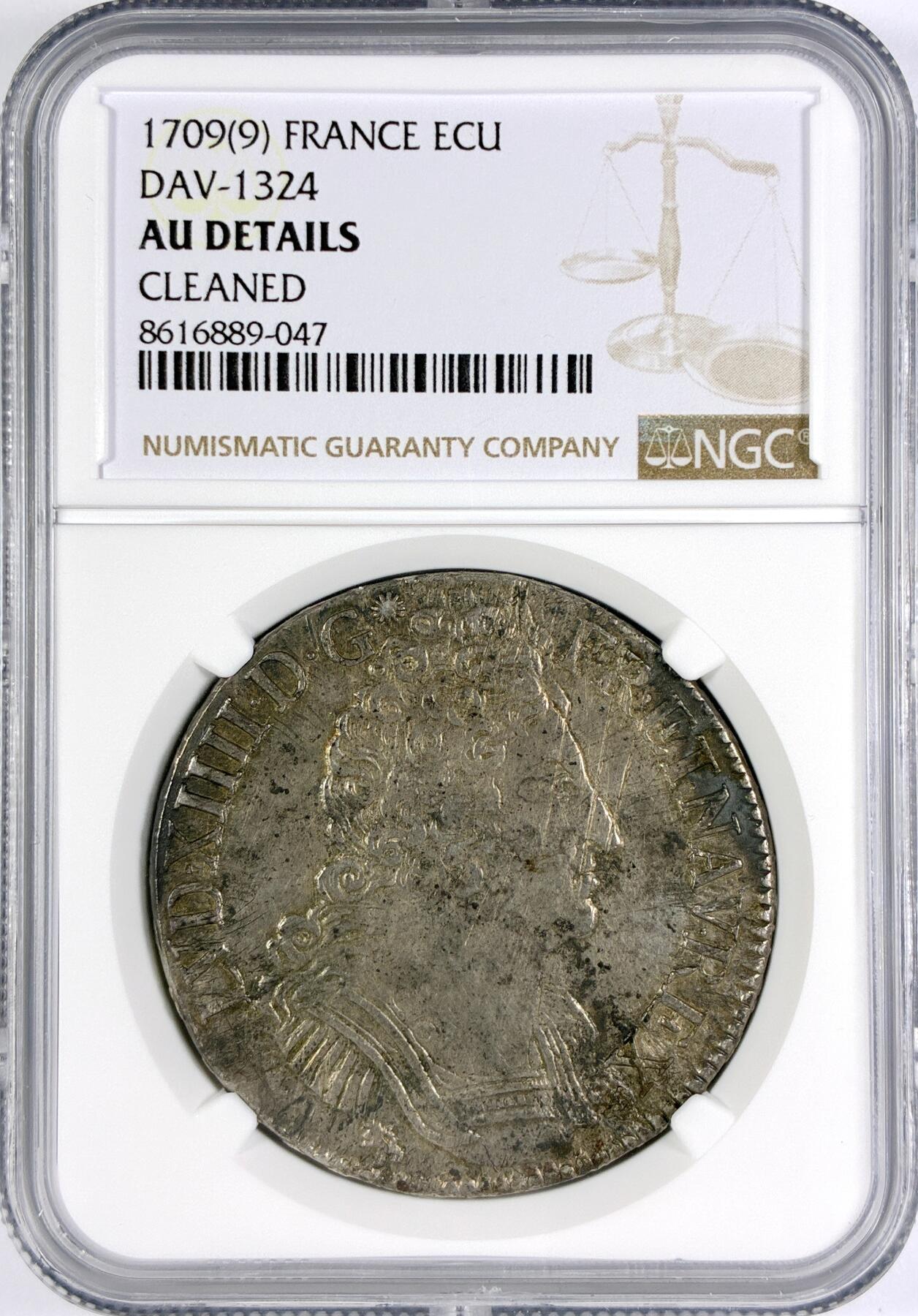 【雨安】【世界币章116期-评级币专场】2025-11-22 周六 19:30 保真【直播拍卖】 [评级法国] France 法国 1埃居 KM#0386 DAV-1324 (1709-1715) 路易十四 三皇冠 1709年  NGC-AU 深打 细节非常好