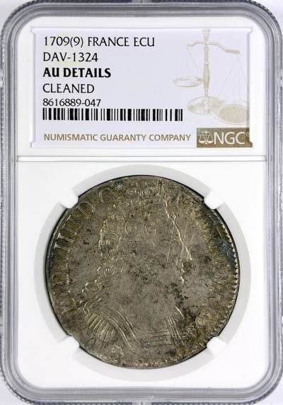 【雨安】【世界币章116期-评级币专场】2025-11-22 周六 19:30 保真【直播拍卖】 - [评级法国] France 法国 1埃居 KM#0386 DAV-1324 (1709-1715) 路易十四 三皇冠 1709年  NGC-AU 深打 细节非常好