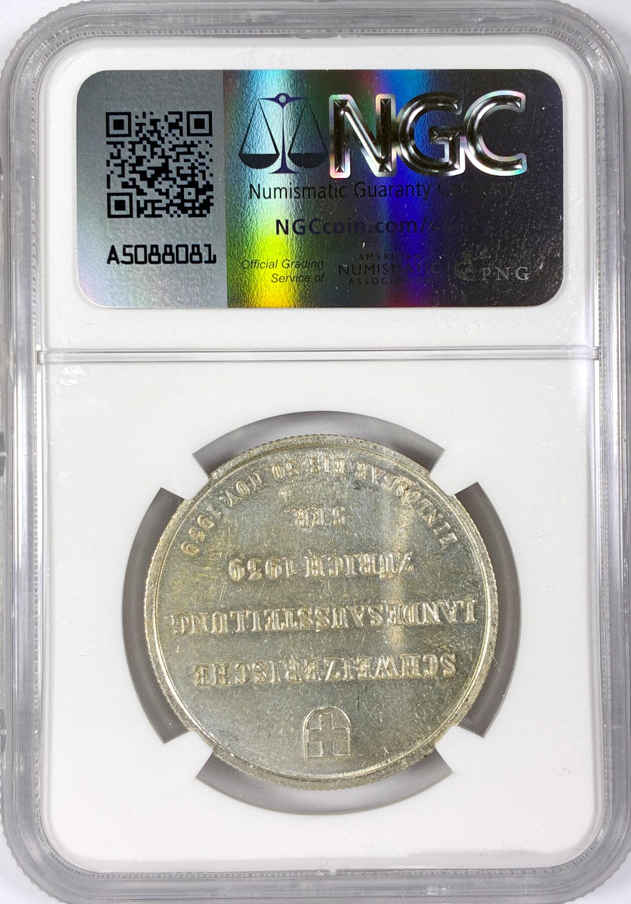 【雨安】【世界币章116期-评级币专场】2025-11-22 周六 19:30 保真【直播拍卖】 [评级欧洲] Switzerland 瑞士 5法郎 1939年 苏黎世博览会 KM# 43  NGC-MS62