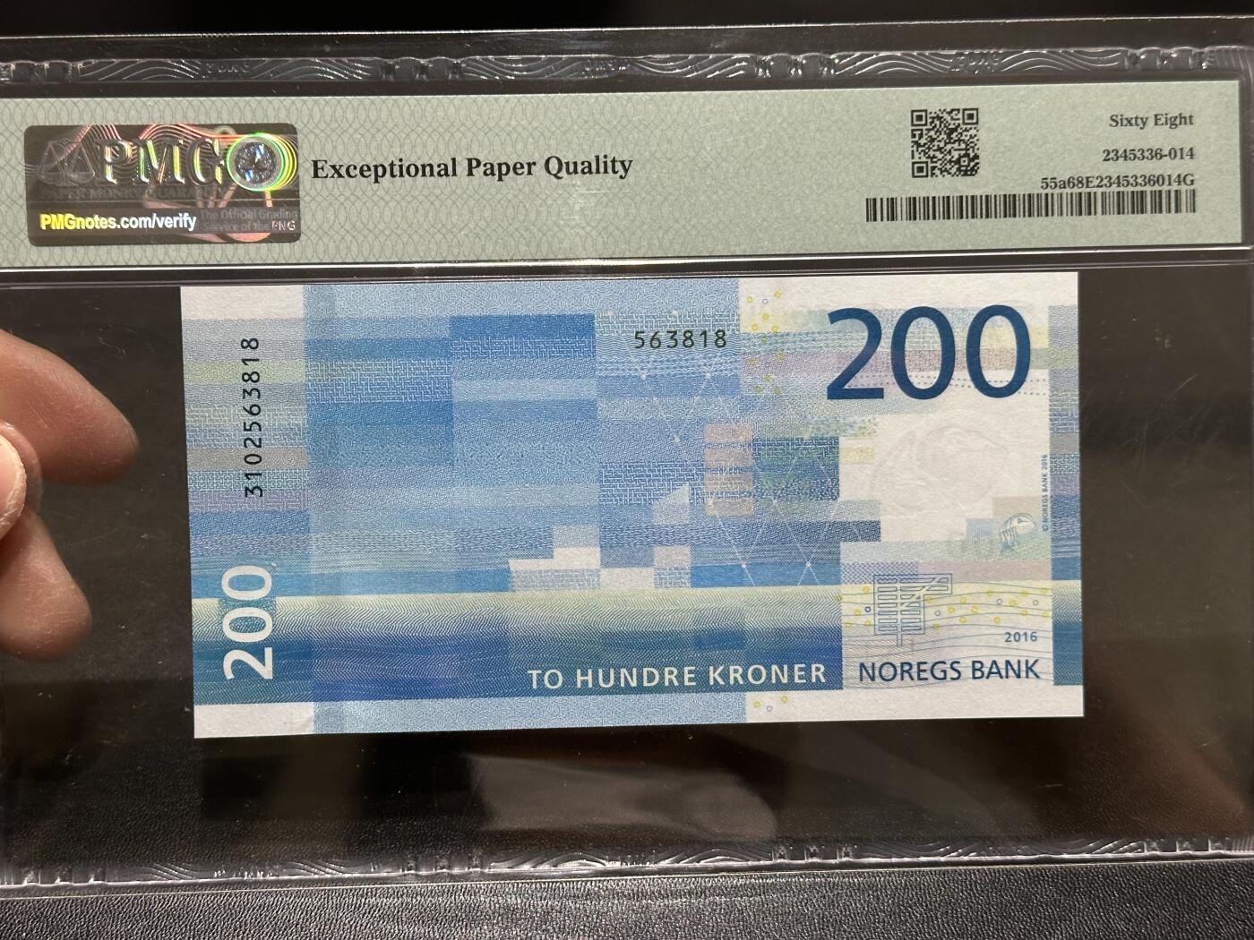 《外钞收藏家》第五百八十六期（品种丰富、精品多）（本平台长期征集拍品、欢迎藏友们联系合作） 2016年挪威200克朗 无47 PMG68 高分 尾8