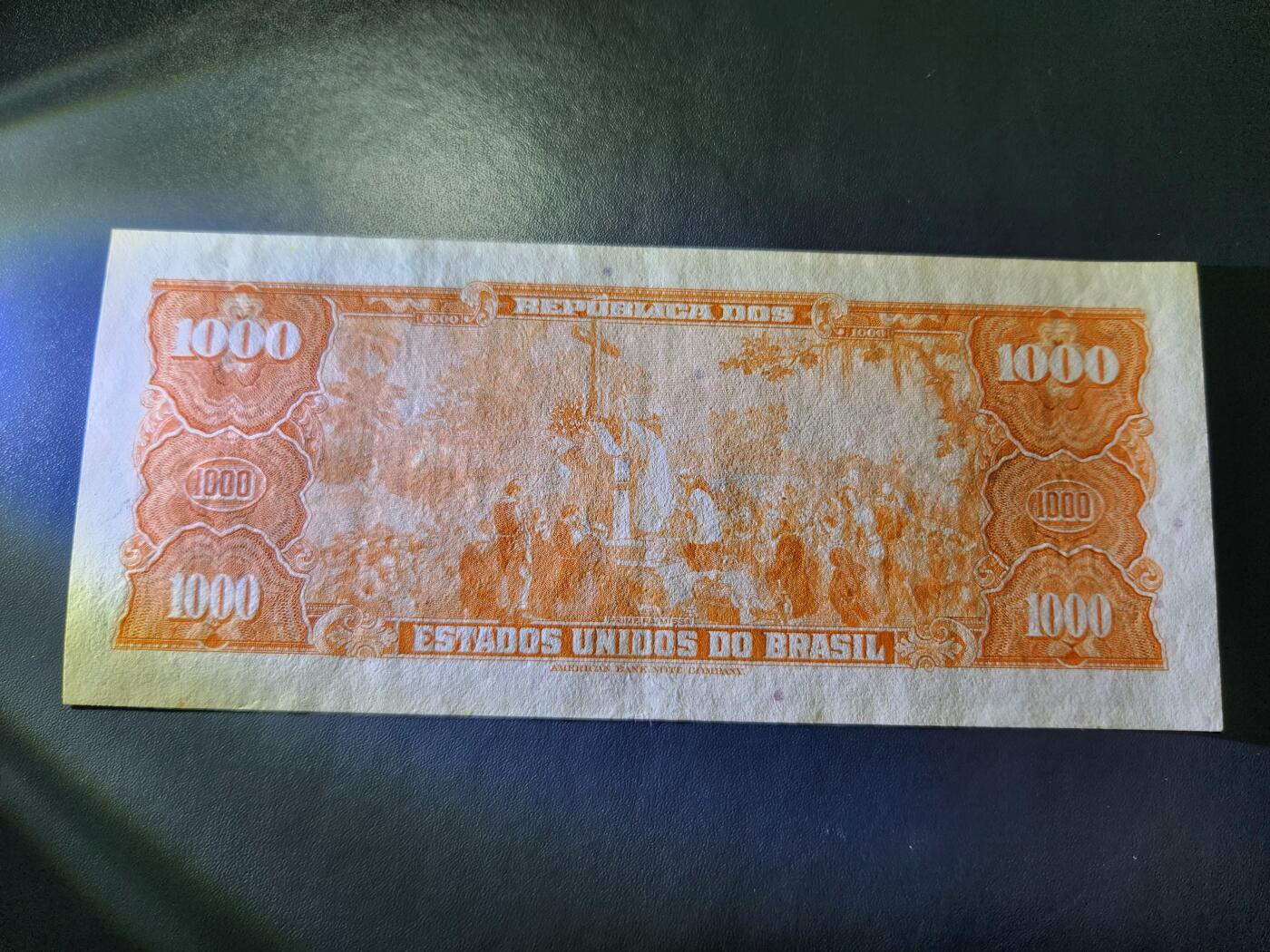 11月21号晚上8点 外国纸币自动截拍第61场 巴西1962年1000克鲁塞罗 蓝色 签名11 近新
