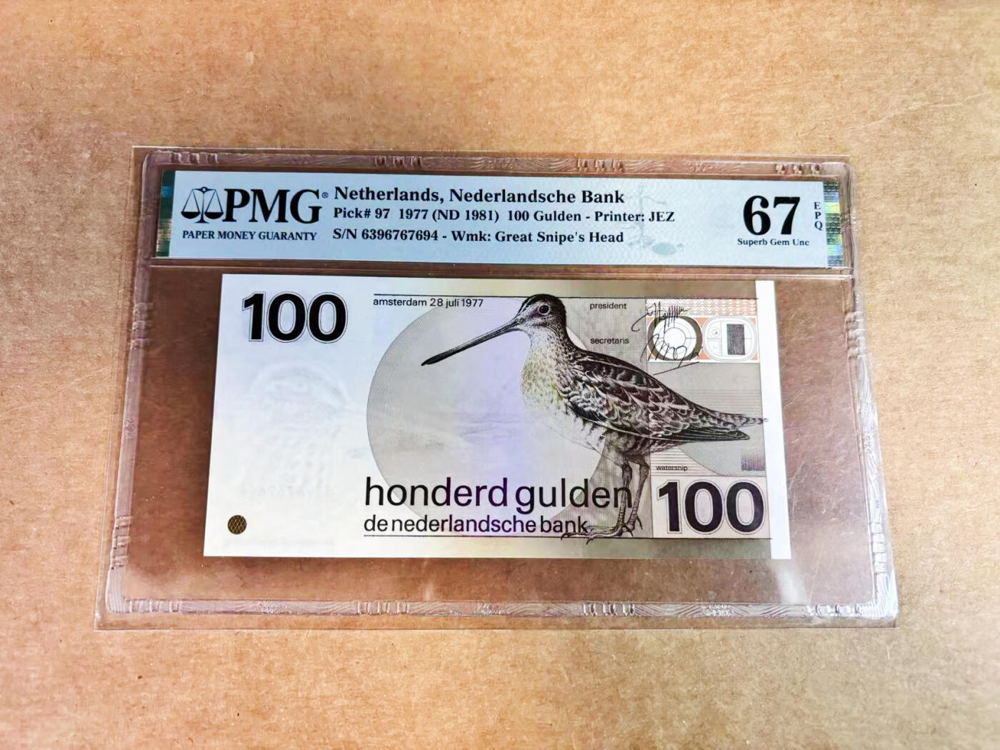 【Blue Auction】世界纸币精拍第752期——18级TOP拍卖/信誉/品质/专业/高效💫 荷兰 1977年100盾 水鸟 PMG67EPQ