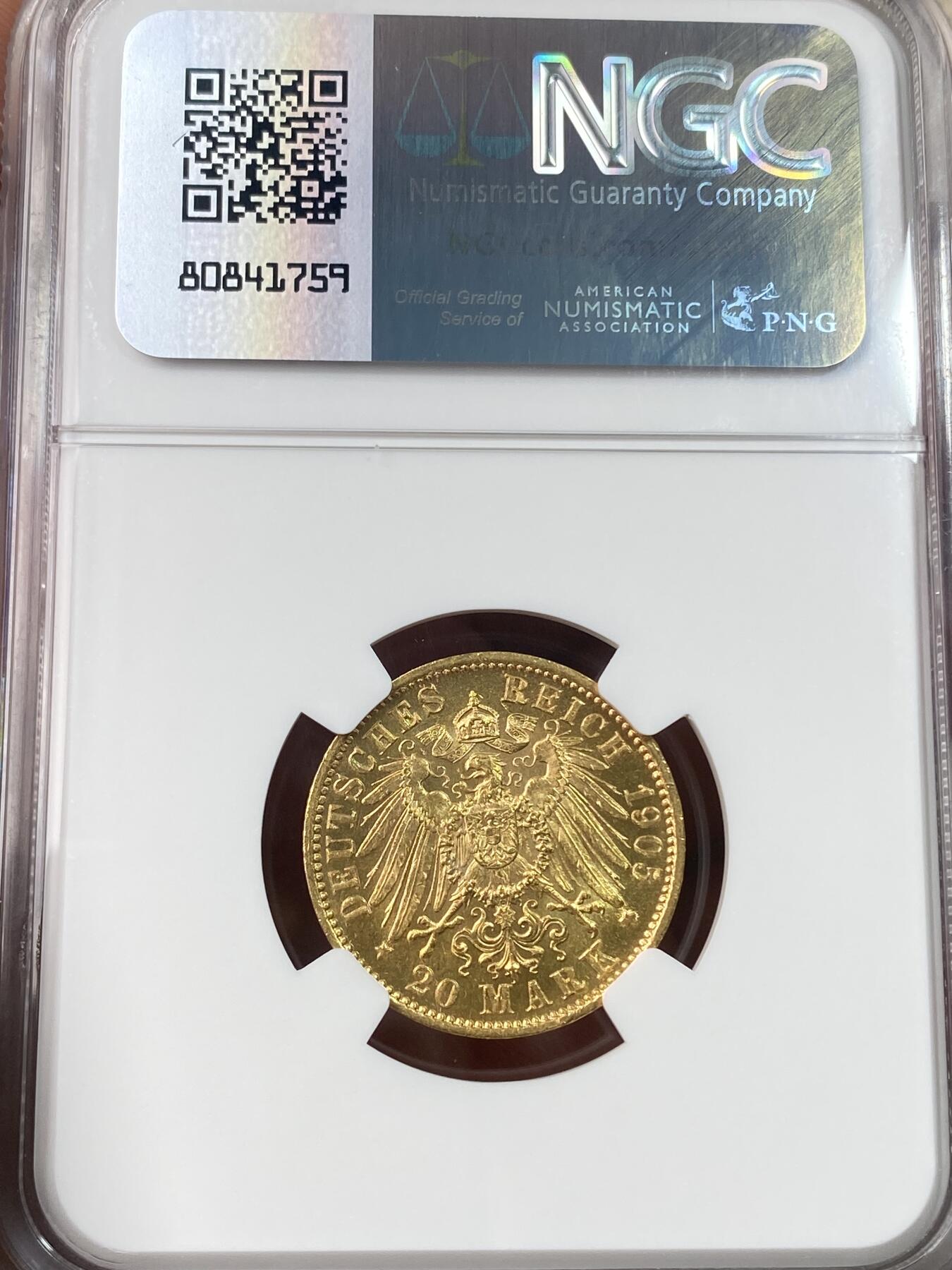 万国钱币拍卖第055期 NGC MS64 1905德国符腾堡威廉二世大胡子流通长翅20马克金币 顶级车轮金光 高分罕见品种 7.96g 900金