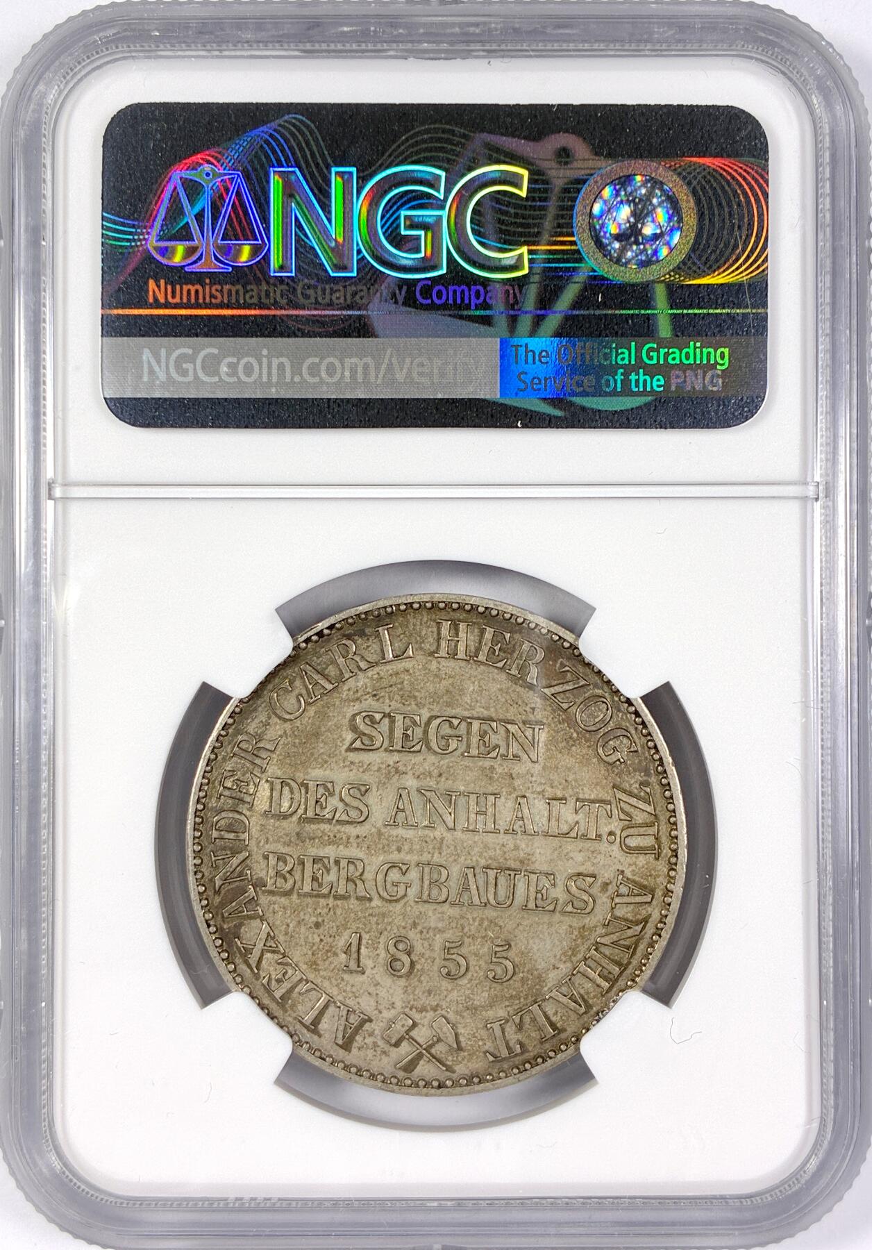 【雨安】【世界币章116期-评级币专场】2025-11-22 周六 19:30 保真【直播拍卖】 [评级德国] Germany 德国 德意志 1泰勒 Anhalt-Bernburg安哈特 Thun.003 KM#0084 (1846-1855) 小熊爬墙.大版 1855年  NGC-UNC