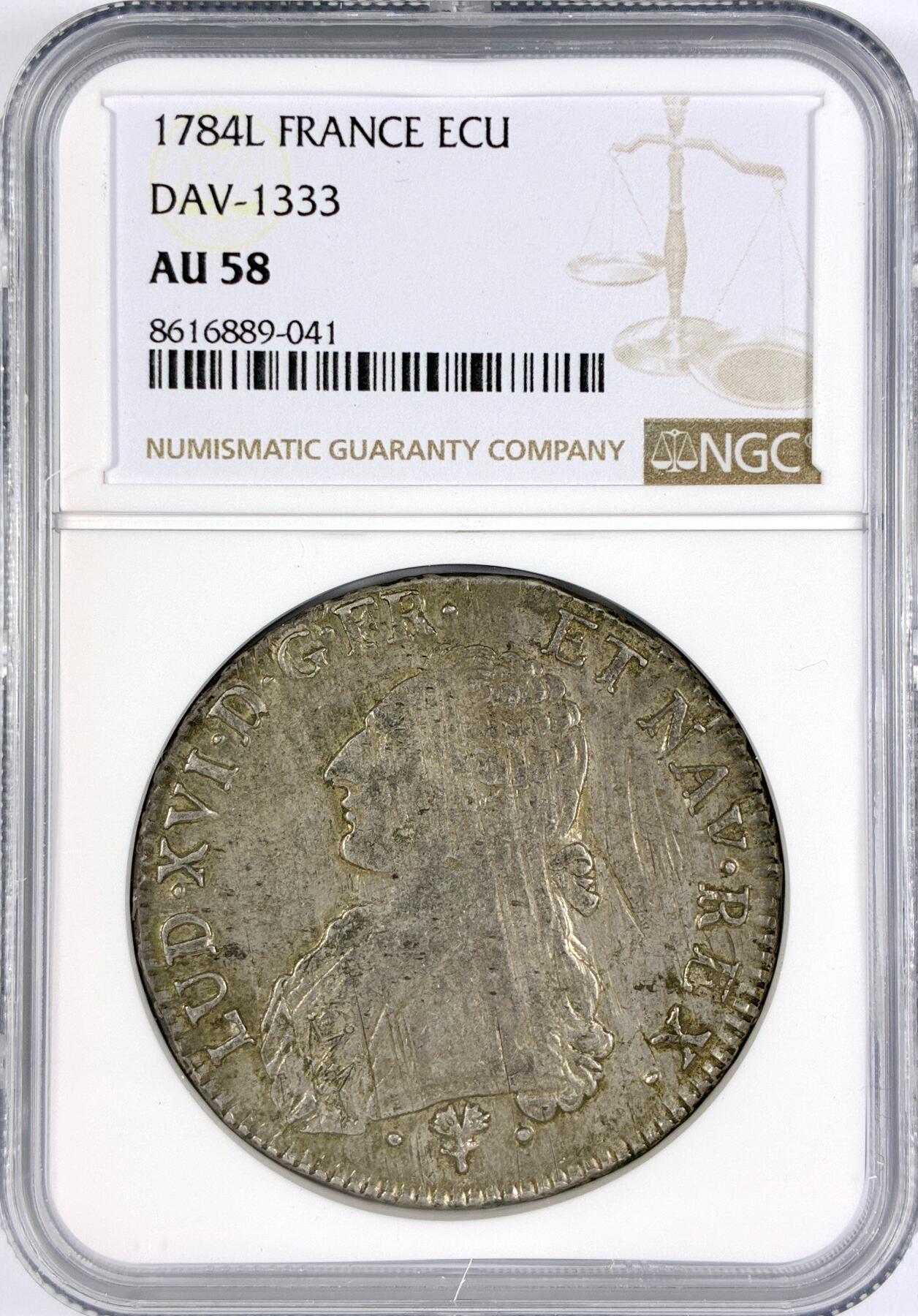 【雨安】【世界币章116期-评级币专场】2025-11-22 周六 19:30 保真【直播拍卖】 [评级法国] France 法国 1埃居 KM#0564 DAV-1333 路易十六 1784年  NGC-AU58 原味淡美包浆
