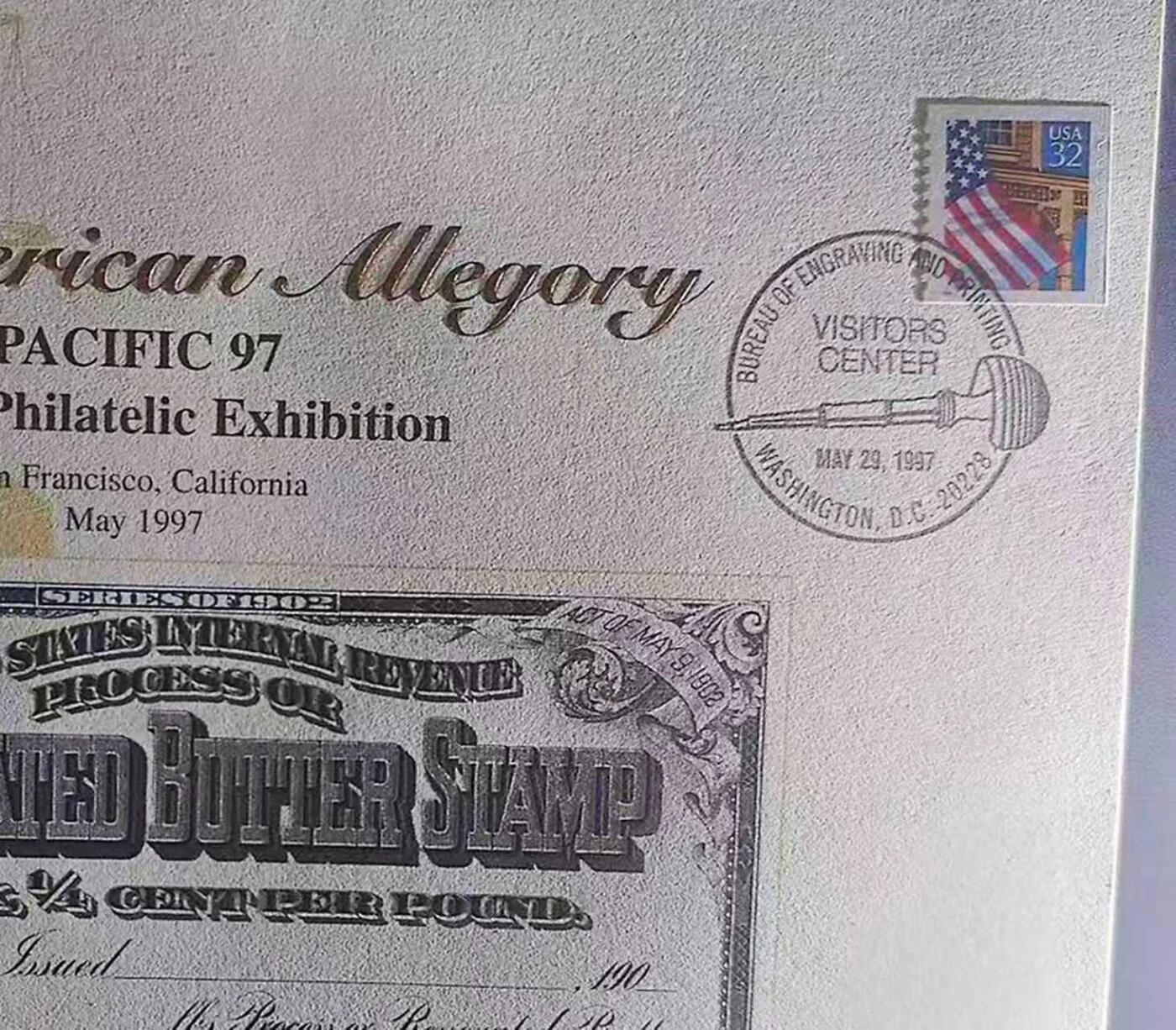《外钞收藏家》第五百八十六期（品种丰富、精品多）（本平台长期征集拍品、欢迎藏友们联系合作） 1997年 美国铸印局（ BEP） 加工黄油税票（Renovated Butter）纪念卡 原版票据1902年间由美国国税局（United States Internal Revenue）颁布使用 该雕刻版税票纪念卡为百年原票母版印制（非普通平面印刷） 并限量发行 加贴1996年32美分邮票以及纪念戳 乃高价原版老票据收藏欣赏之平替