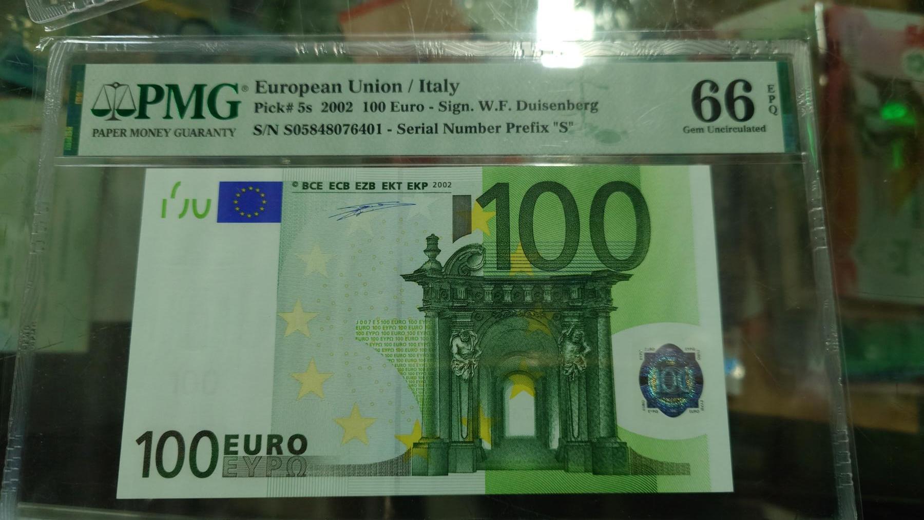 世界钱币～微拍第216期暨2025年第56期  近日新到货品（群里挑剩）选购 2002年100欧元一签 S冠带4号码尾号401 PMG66E