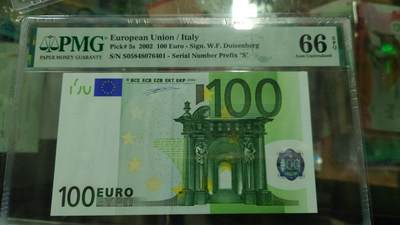 世界钱币～微拍第216期暨2025年第56期  近日新到货品（群里挑剩）选购 - 2002年100欧元一签 S冠带4号码尾号401 PMG66E