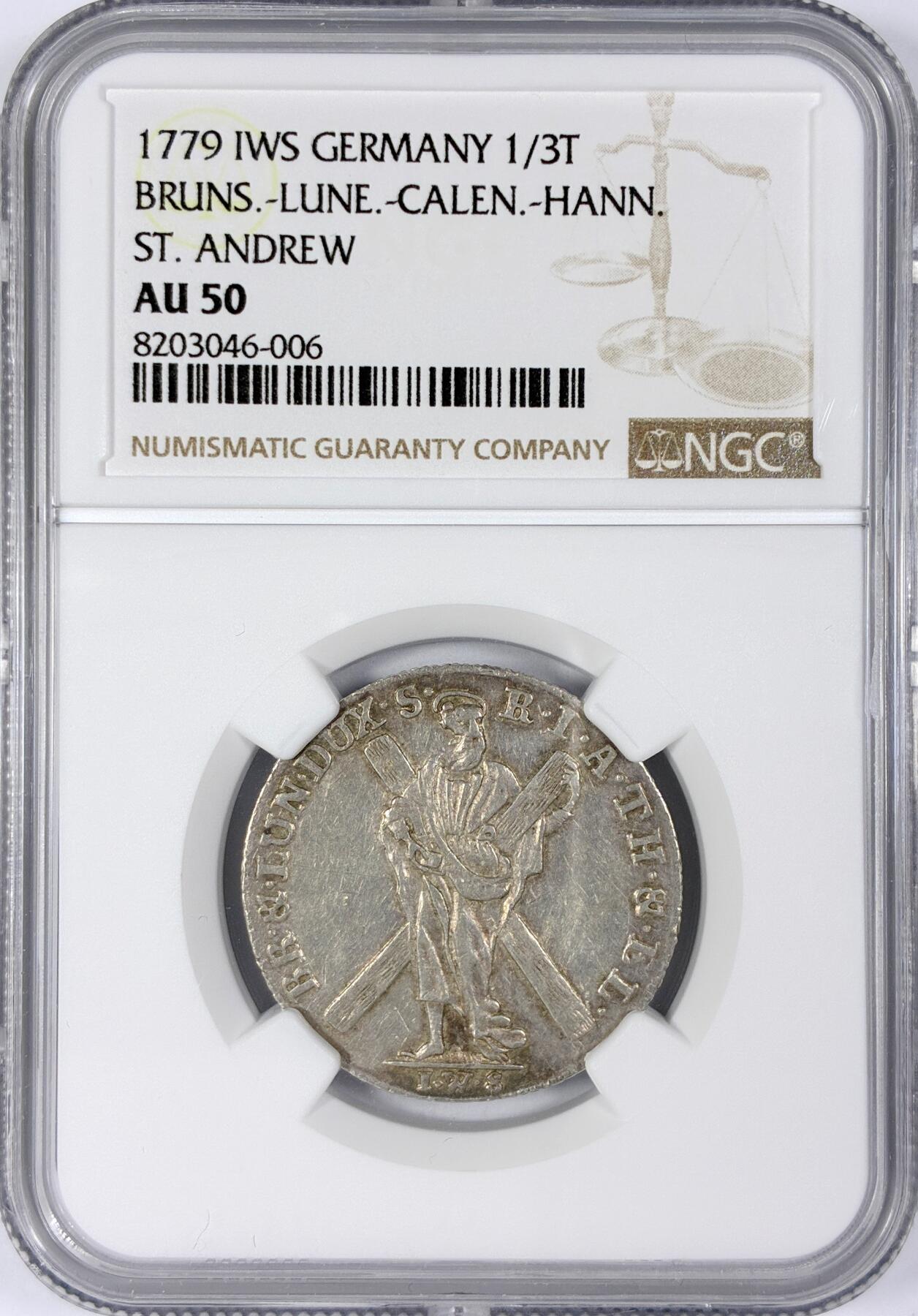 【雨安】【世界币章116期-评级币专场】2025-11-22 周六 19:30 保真【直播拍卖】 [评级德国] Germany 德国 德意志 不伦瑞克-吕纳堡 1/3泰勒 1779年  NGC-AU50