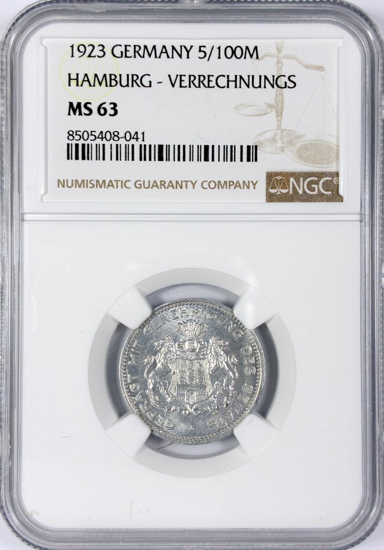 【雨安】【世界币章116期-评级币专场】2025-11-22 周六 19:30 保真【直播拍卖】 [评级德国] Germany 德国 德紧 汉堡 5/100马克 1923年  NGC-MS63