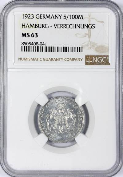 【雨安】【世界币章116期-评级币专场】2025-11-22 周六 19:30 保真【直播拍卖】 - [评级德国] Germany 德国 德紧 汉堡 5/100马克 1923年  NGC-MS63