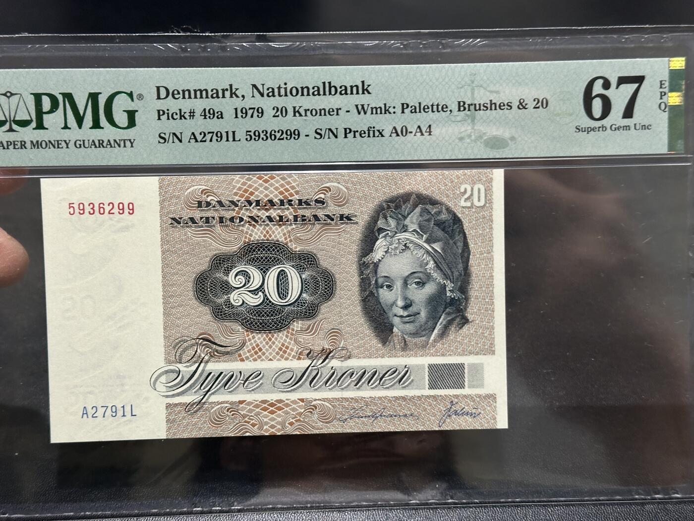 《外钞收藏家》第五百八十六期（品种丰富、精品多）（本平台长期征集拍品、欢迎藏友们联系合作） 1979年丹麦动物版20克朗 无47 PMG67