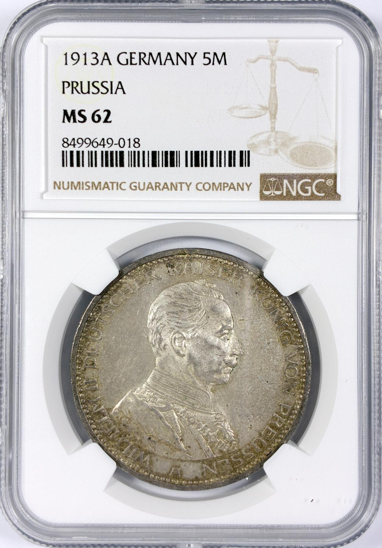【雨安】【世界币章116期-评级币专场】2025-11-22 周六 19:30 保真【直播拍卖】 [评级德国] Germany 德国 帝国 J.114 普鲁士 5马克 (1913-1914) 军装 1913年  NGC-MS62