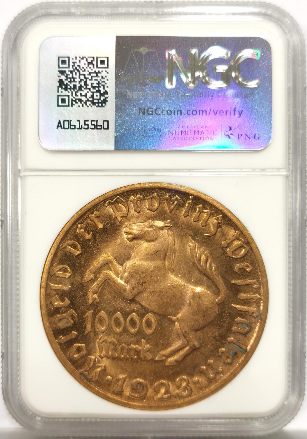 博洋堂世界钱币拍卖第147期（全场包邮） NGC MS63 1923年德国德紧威斯特伐利亚1万马克大铜币，经典品种，转光好品。