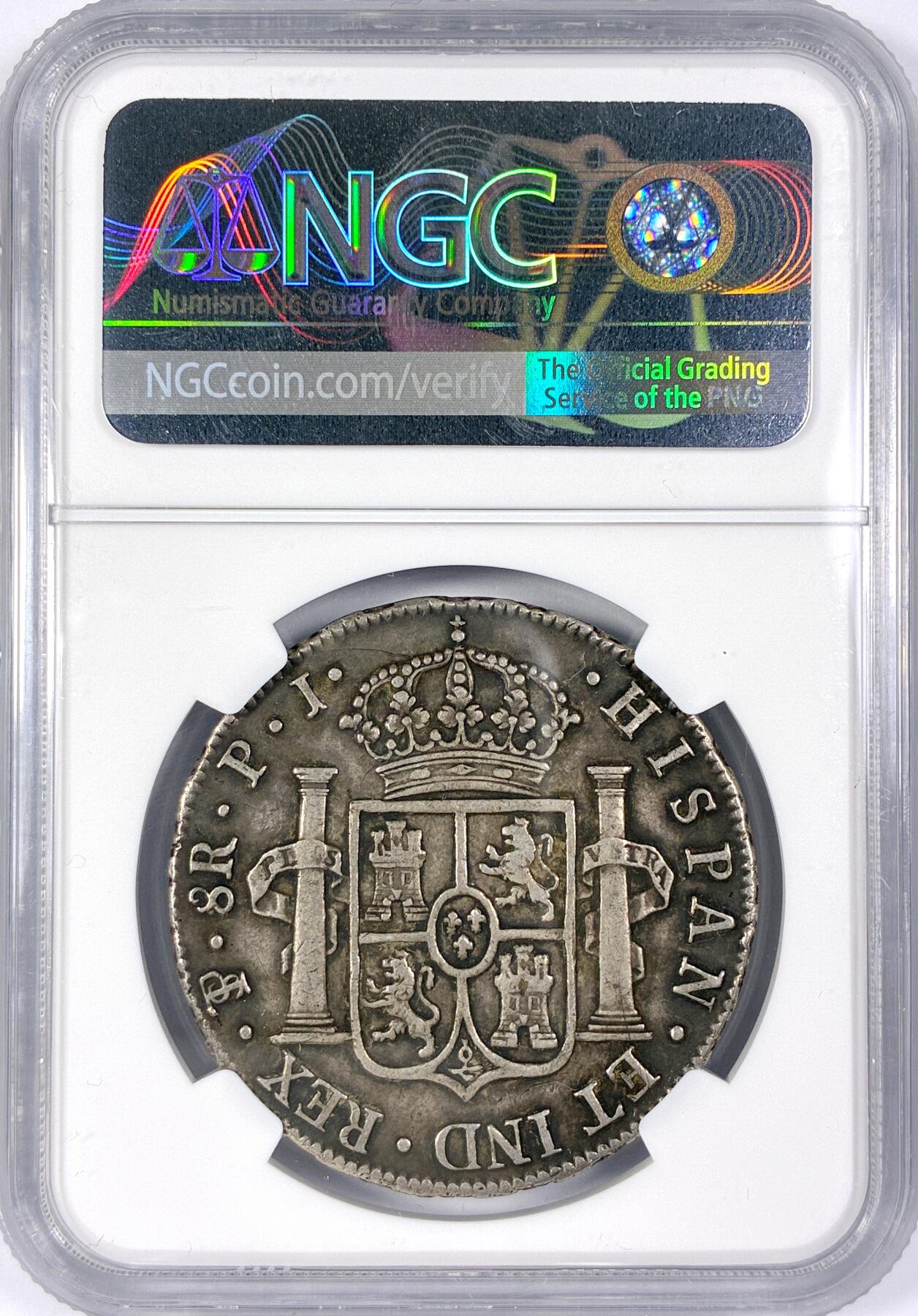 【雨安】【世界币章116期-评级币专场】2025-11-22 周六 19:30 保真【直播拍卖】 [评级美洲] Spanish Bolivia 西属玻利维亚 8里亚尔 卡洛斯四世 双柱 1822年  NGC-XF45