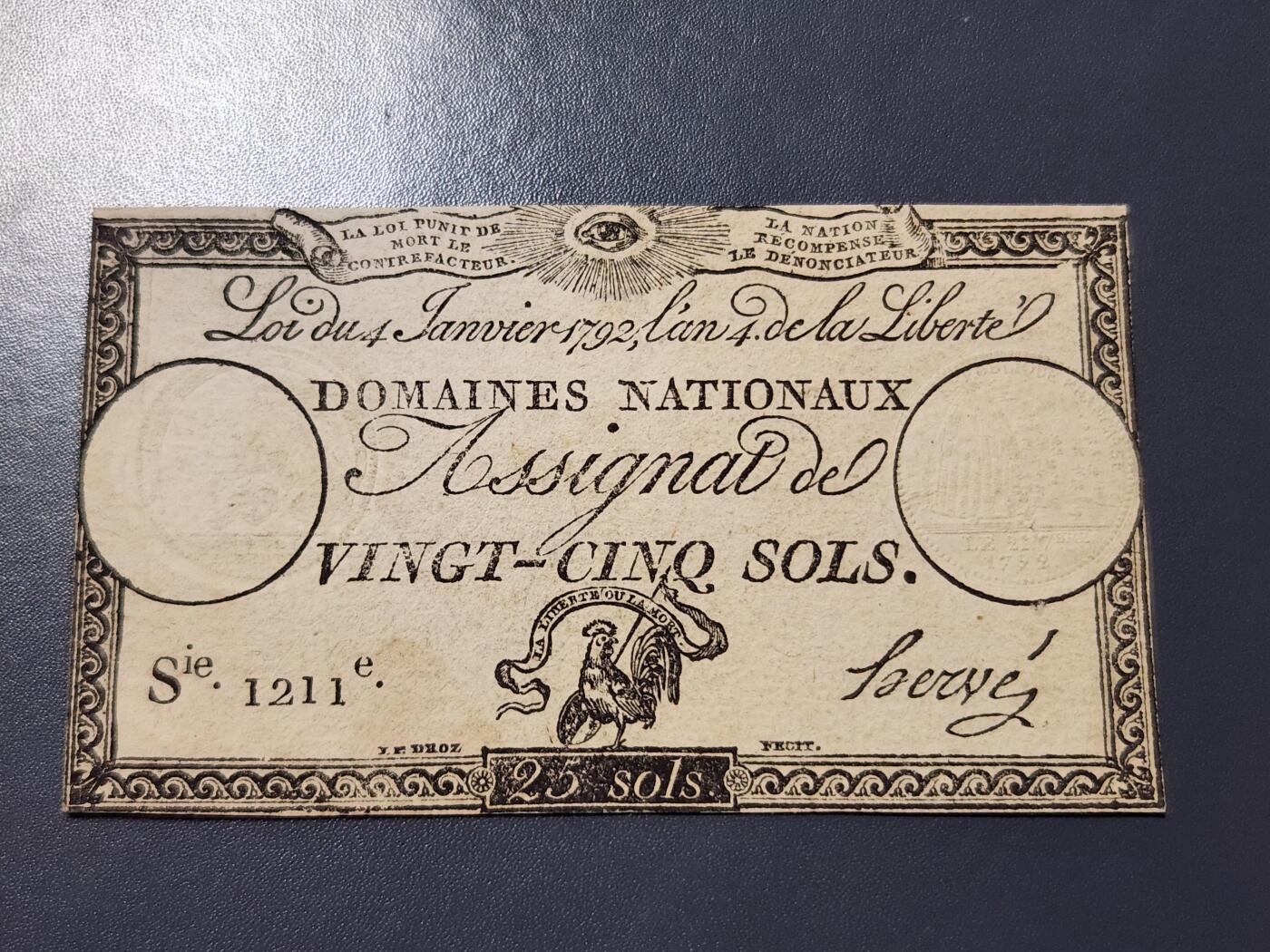 11月19号晚上8点 外国纸币自动截拍第61场 法国大革命时期 1793年 指券 (Assignat) 25苏 纸币