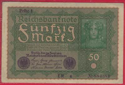 德国1919年50马克 P-66 序列1 实物图 八五品 大票幅 魏玛共和国初期 - 德国1919年50马克 P-66 序列1 实物图 八五品 大票幅 魏玛共和国初期